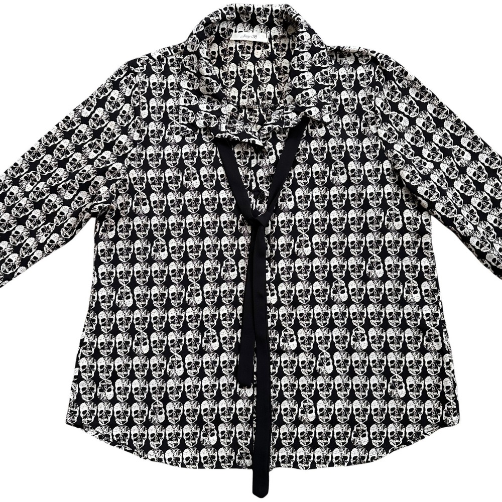 Jessy B Skull Print Blouse Womens L Black White Fair‎ Tie Neck Goth Edgy